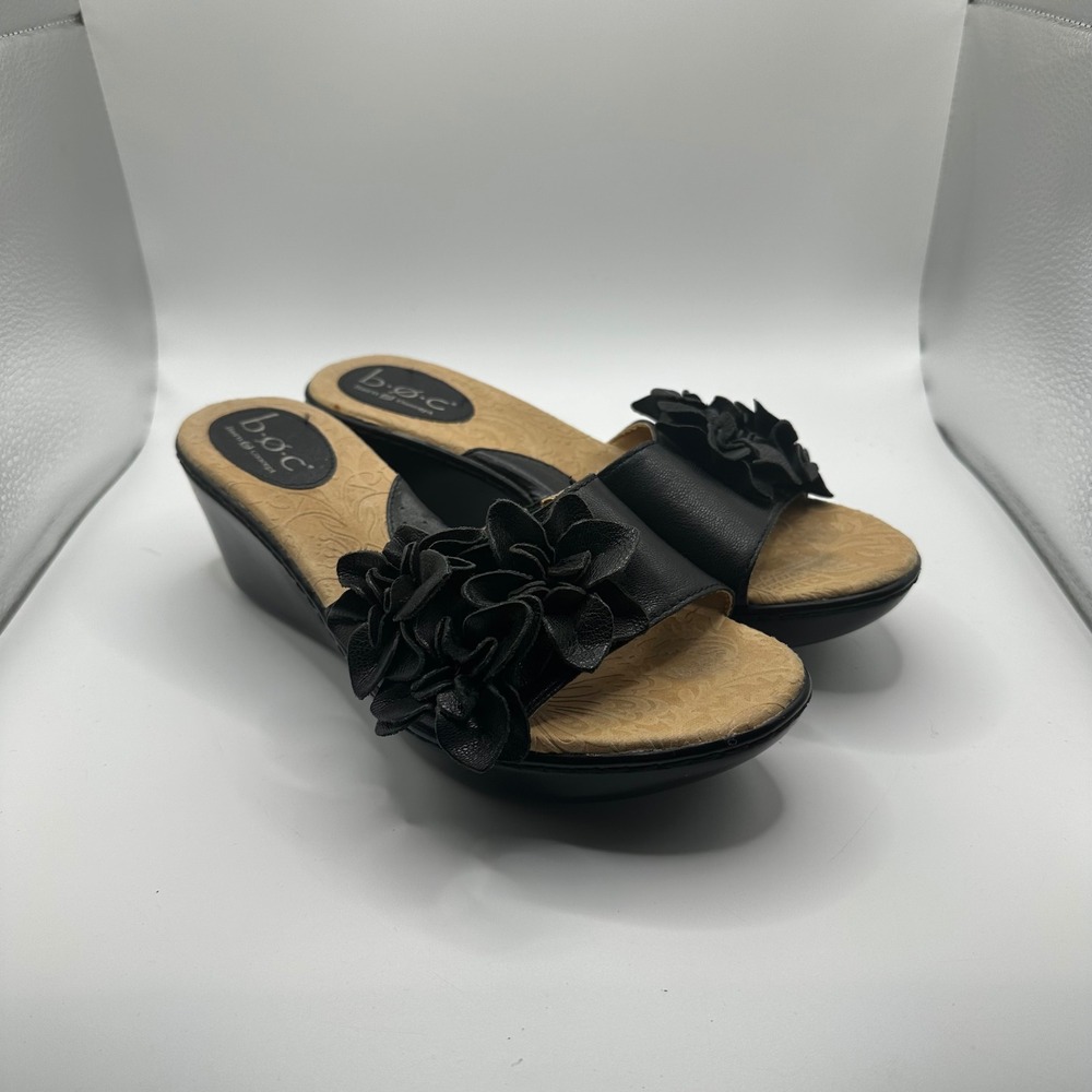 b.o.c. Born Concept Black Leather Floral Wedge Sandals Slides C12103 Womens 8/39